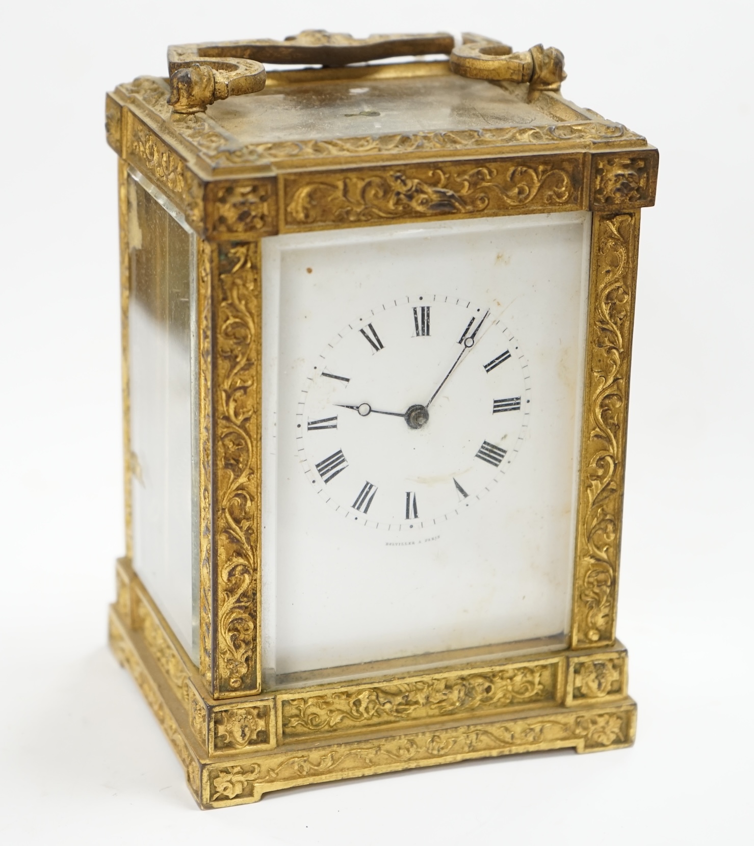 A 19th century French fancy ormolu cased carriage clock, movement requires work, 13cm high. Condition - dial marked, gilding tarnished in places